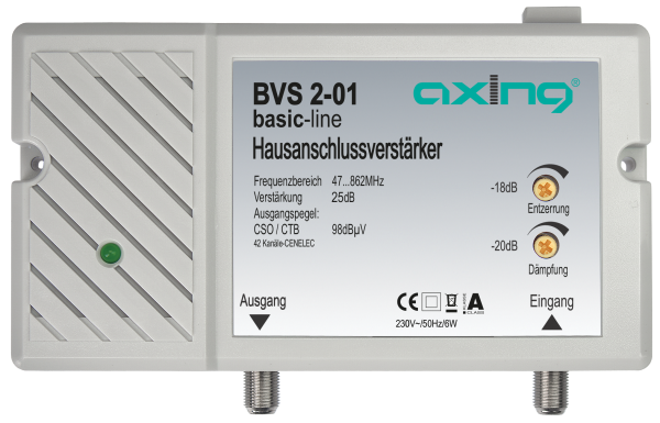 AXING BVS 2-01 CATV-Verstärker 25 dB | 98 dBµV 47…862 MHz Dämpfung und Entzerrung einstellbar